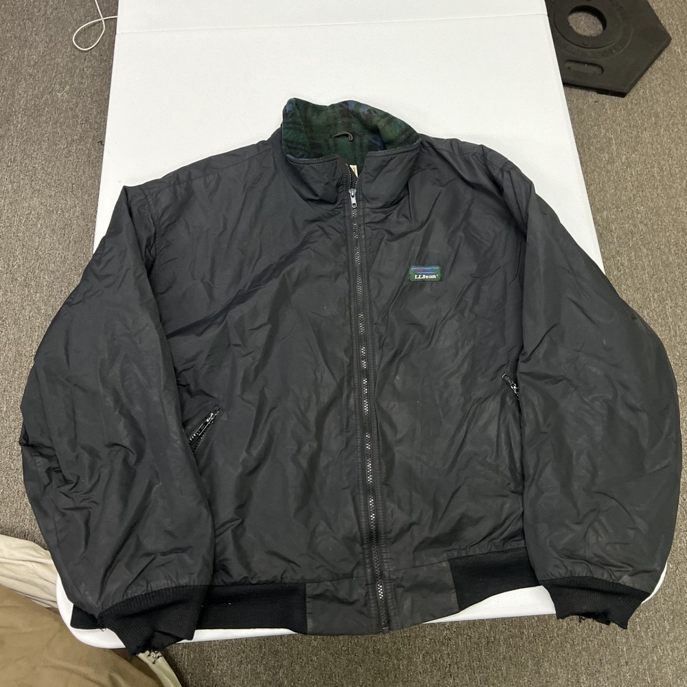 LL Bean Warm-up Jacket Mens XL Black Plaid Fleece Lined Nylon Bomber A4